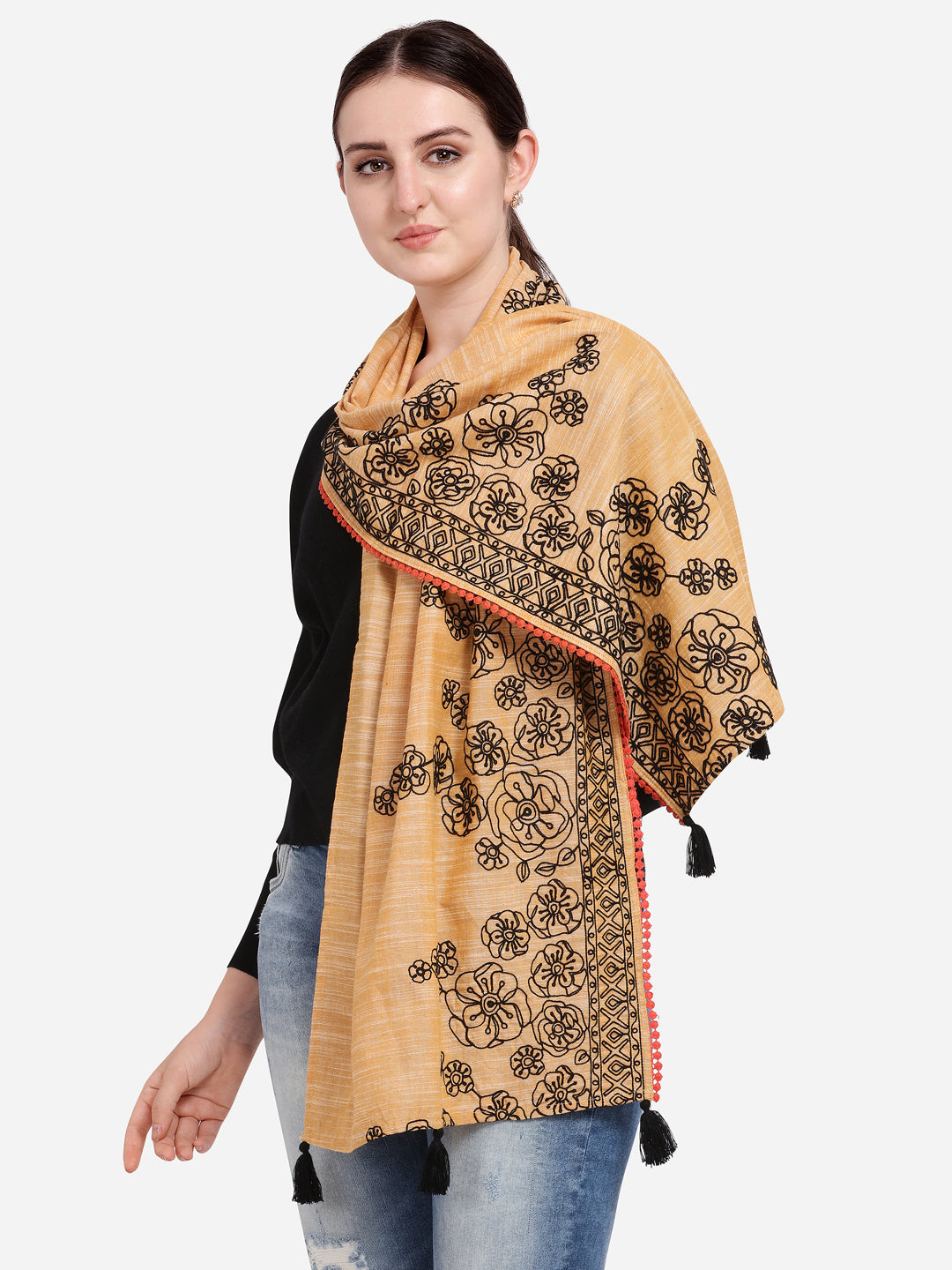 Orange Slub Khadi Black Embroidered Stole