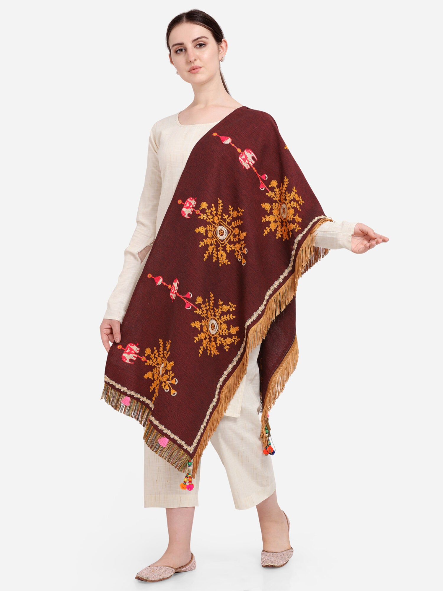 Wine Flower Bunch Embroidered Festive Dupatta