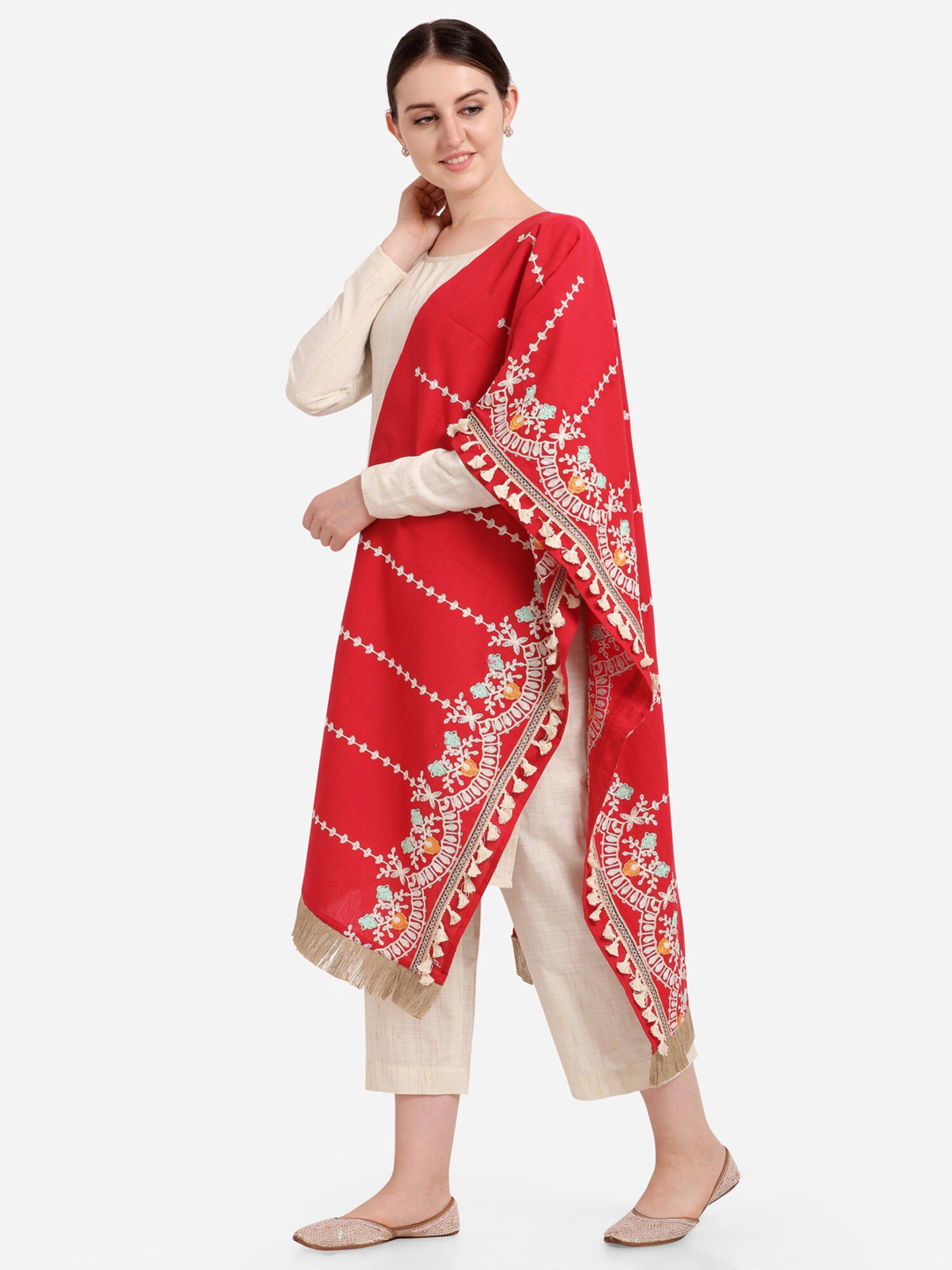 Red Floral Embroidered Stole With Cotton Tassels Lace