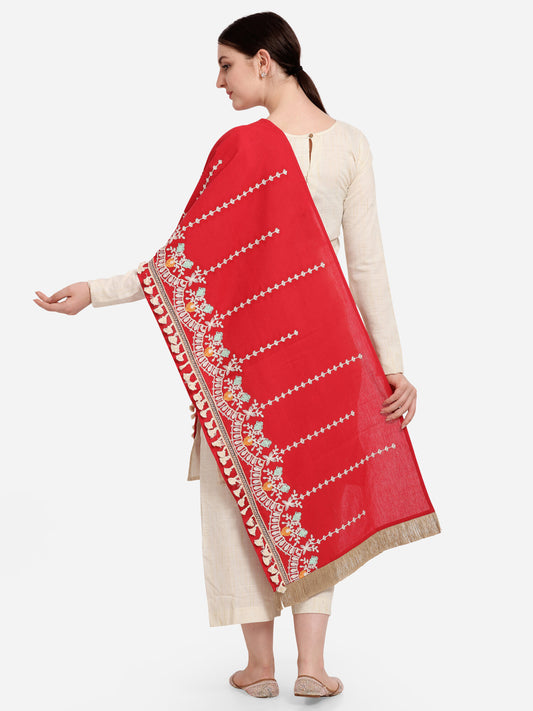 Red Floral Embroidered Stole With Cotton Tassels Lace
