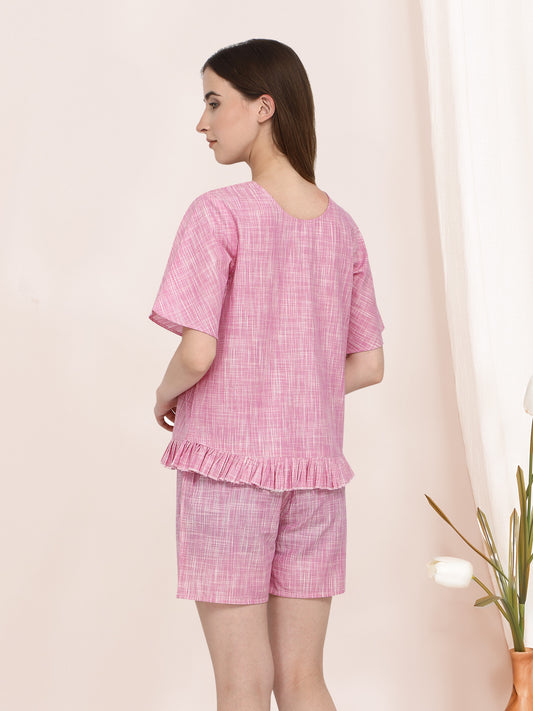 Pink Pleated V-Neck Night Top & Short Pant