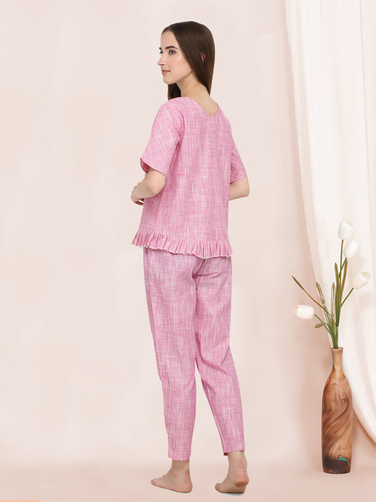 Drizzle Pink Pleated Nightwear Summer Set