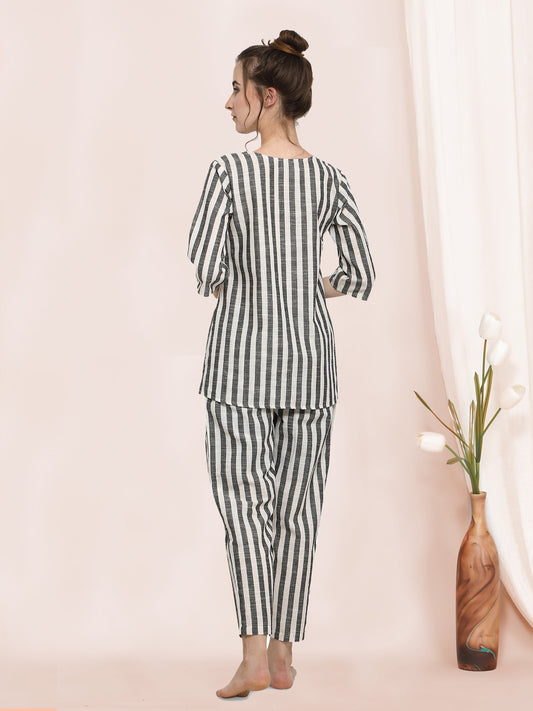 Stripe Grey Pure Cotton Pajama Lounge Wear