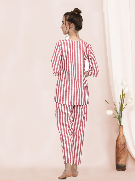 Red Stripe Pure Linen Summer Pajama Set