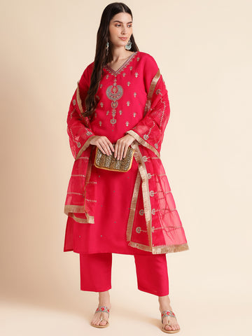 Pink Embroidered solid kurta  with pant dupatta set