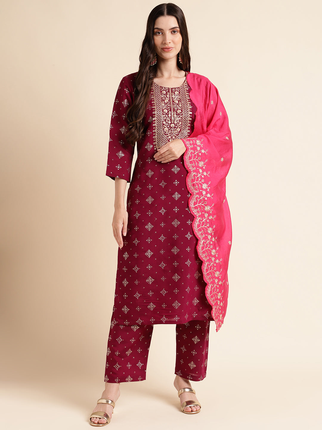 Purple  Embroidered silk blend straight kurta with pant & dupatta