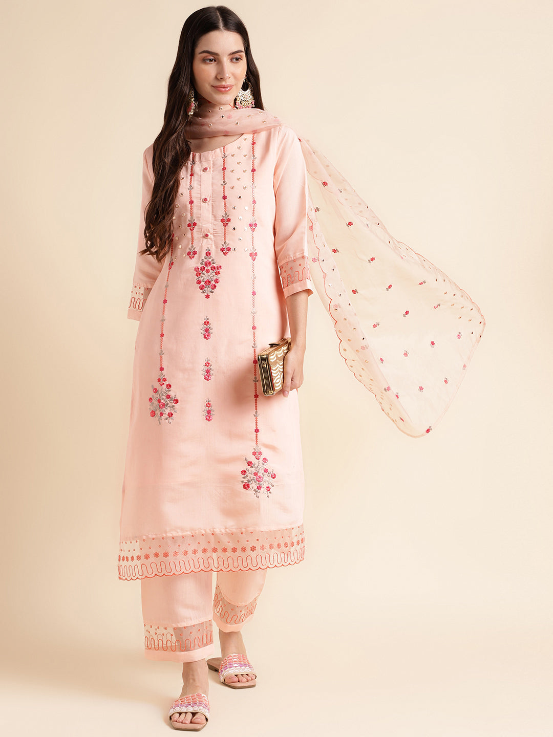 Peach Cotton Blend Straight embroidery Kurta suit with dupatta