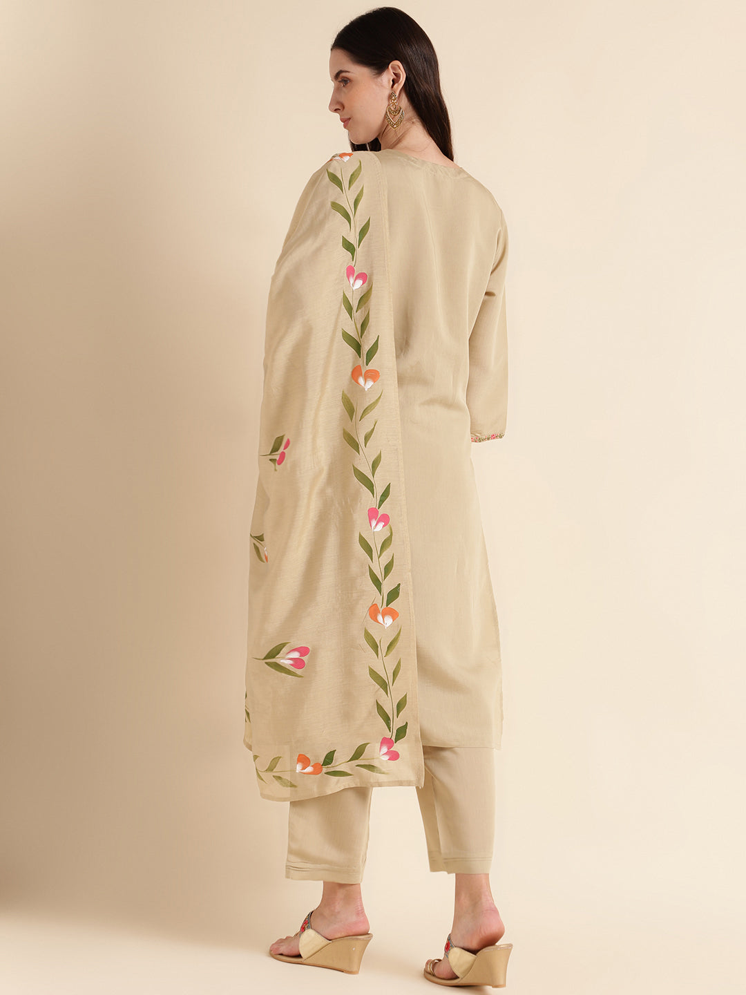 Pista green  floral print  kurta suit with fancy dupatta set