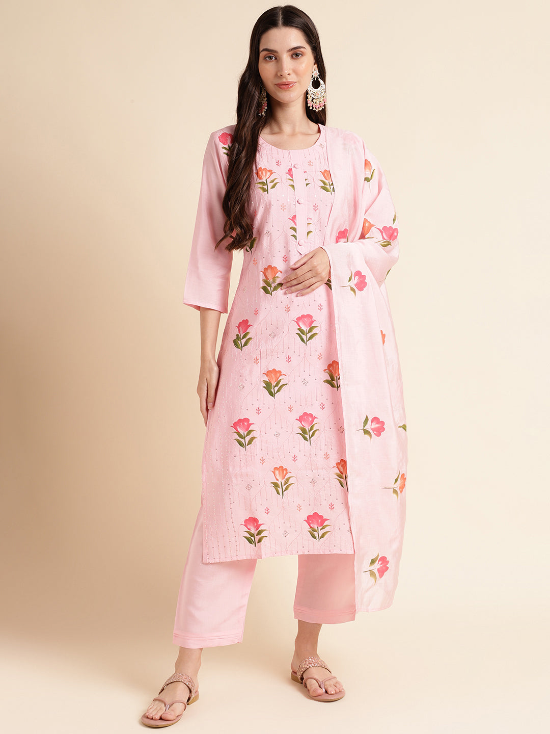 Light pink silk  crochet floral print suit with fancy dupatta set