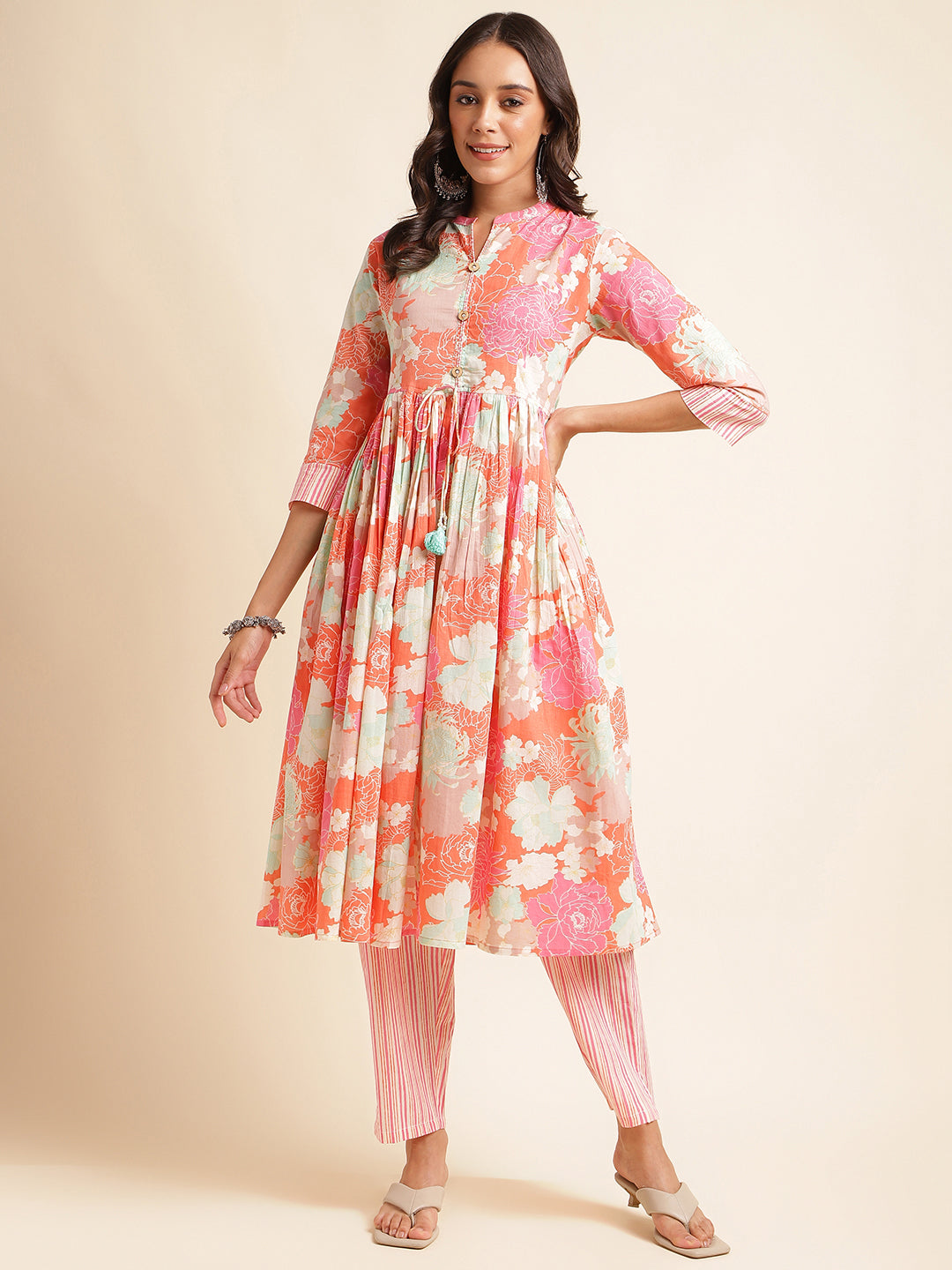 Orange & multi color printed kurta with pant