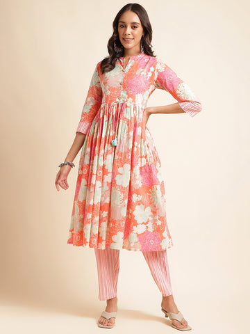 Orange & multi color printed kurta with pant