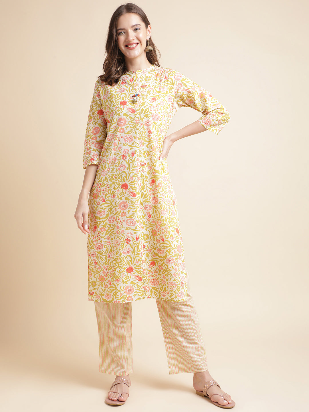 Green Flower Foil cotton printed straight kurta with pant