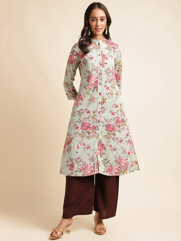 Light Green Floral Printed cotton Straight Kurti