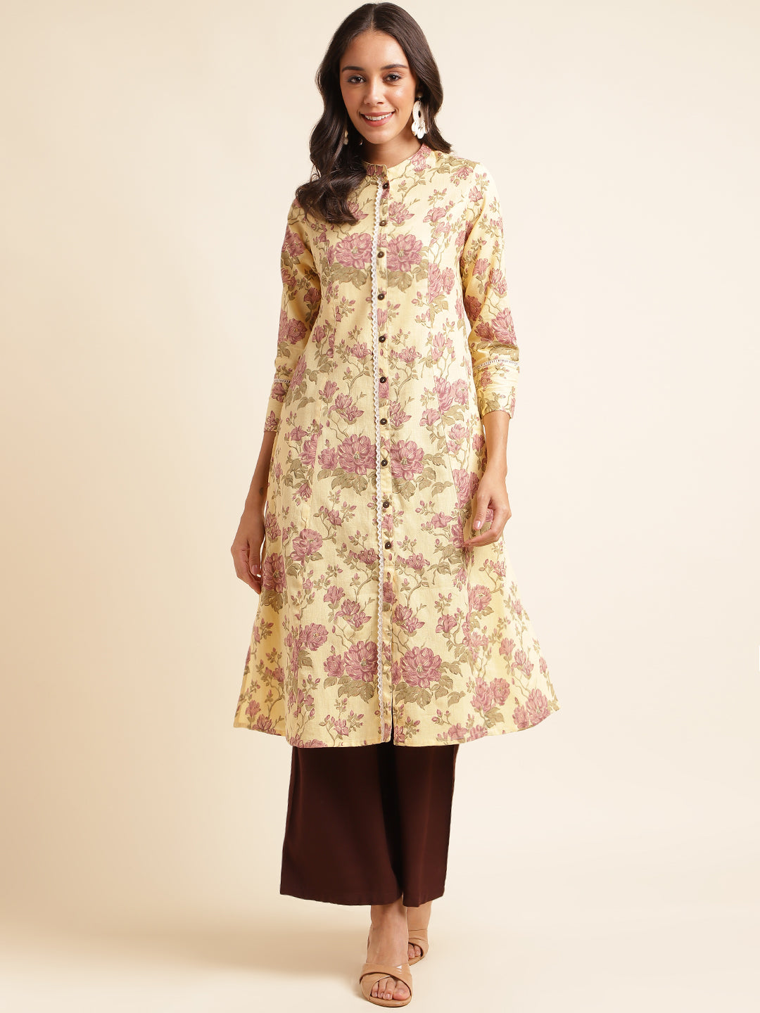 Yellow beautiful  Flower Foil Printed Kurti