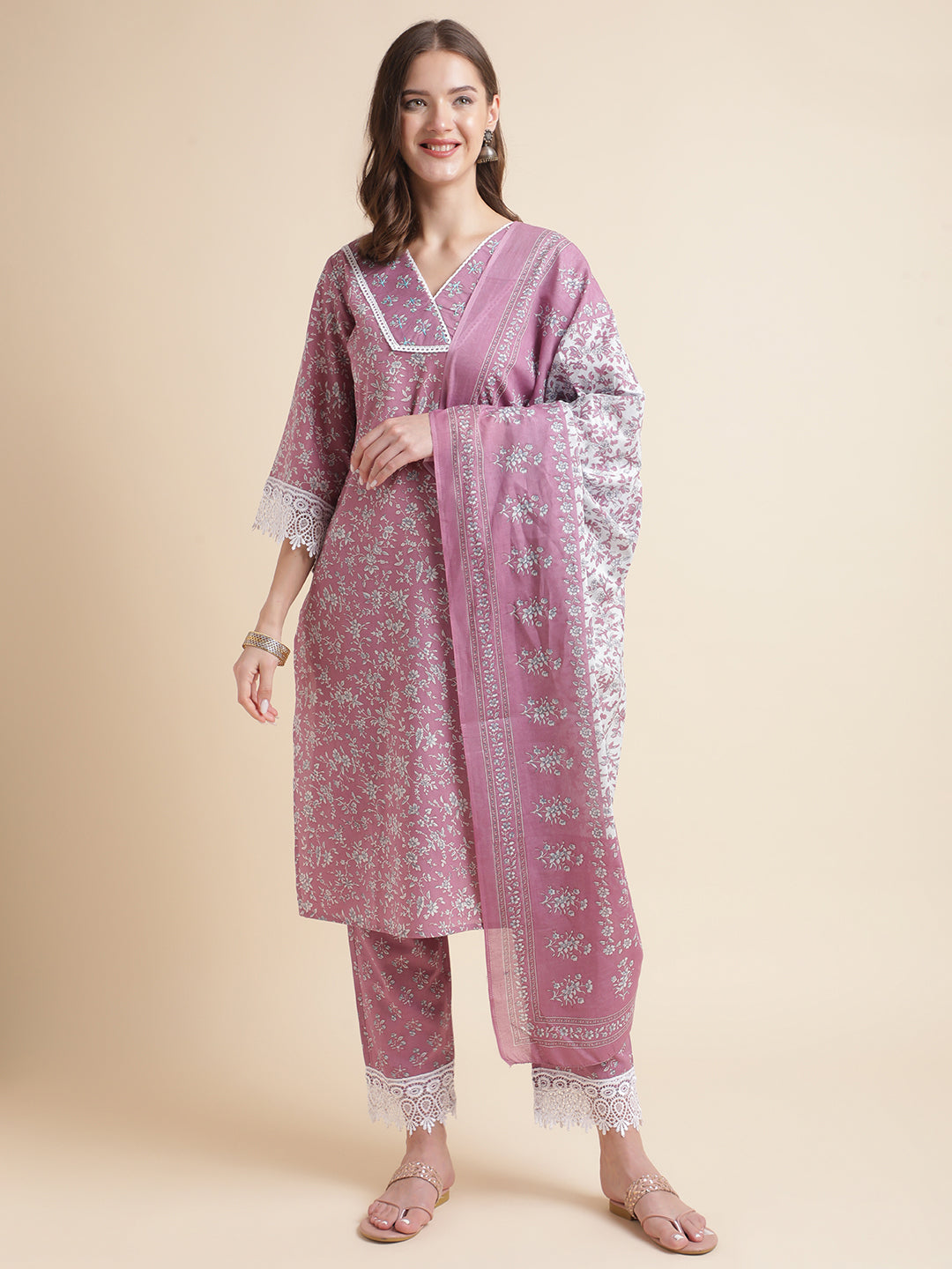 women purple printed kurta with pant and cotton printed dupatta