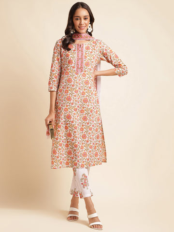 Women's white & multi Cotton Floral Print Kurta With Pant And Dupatta