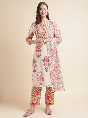 Off-white printed pure cotton kurta with  pant &dupatta set