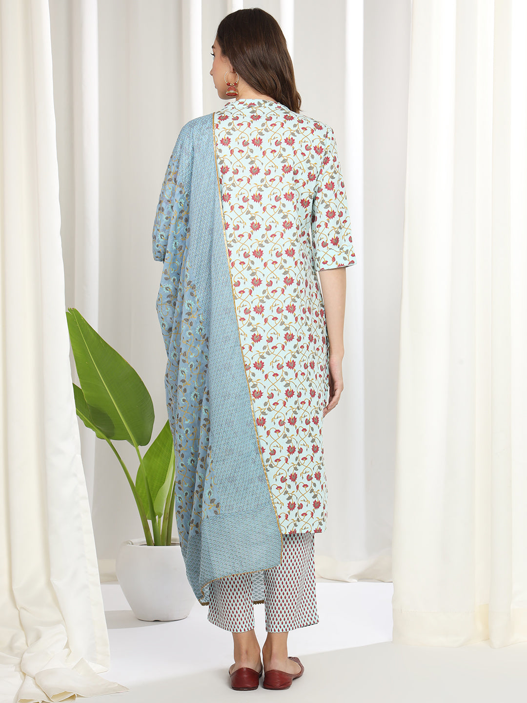 Blue cotton blend kurta set with dupatta