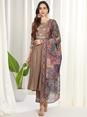 Women dusty grey blend kurta set with fancy dupatta