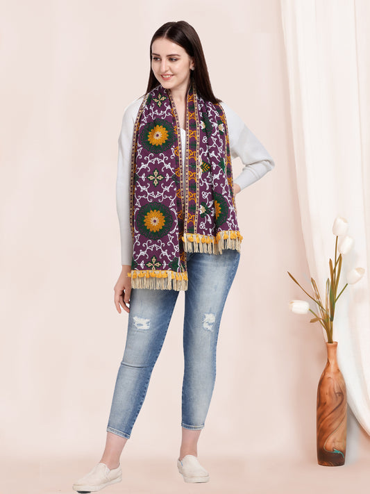 Heavily Woolen Embroidered Purple Khadi Muffler
