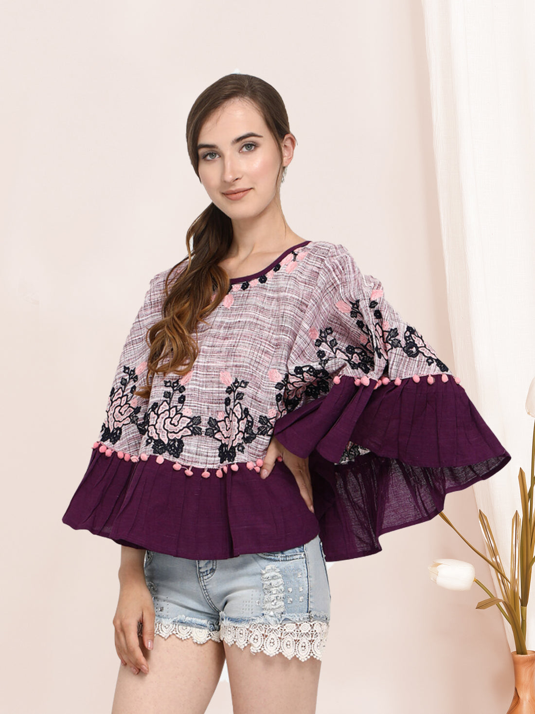 Purple Frill Slub Khadi Poncho