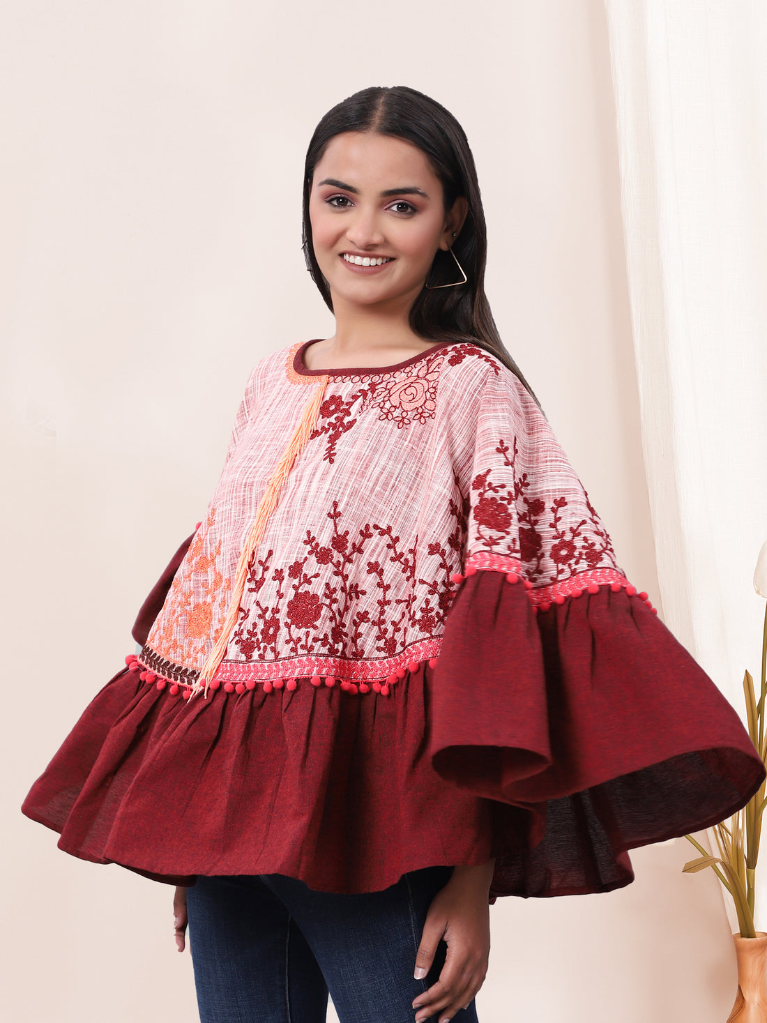 Wine Frill Floral Circular Khadi Poncho