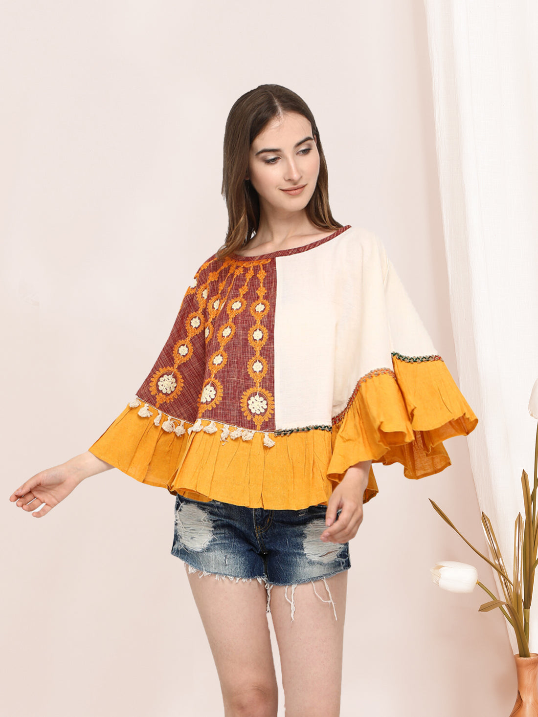 One-Sided Embroidered Rust zam-zam Poncho