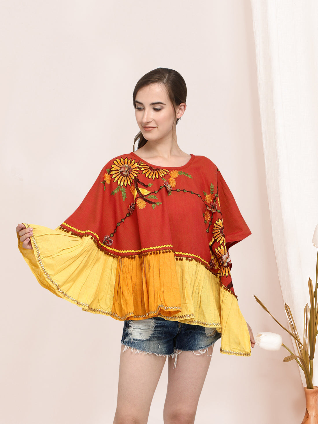 Deep red and yellow Traditional Khadi Poncho