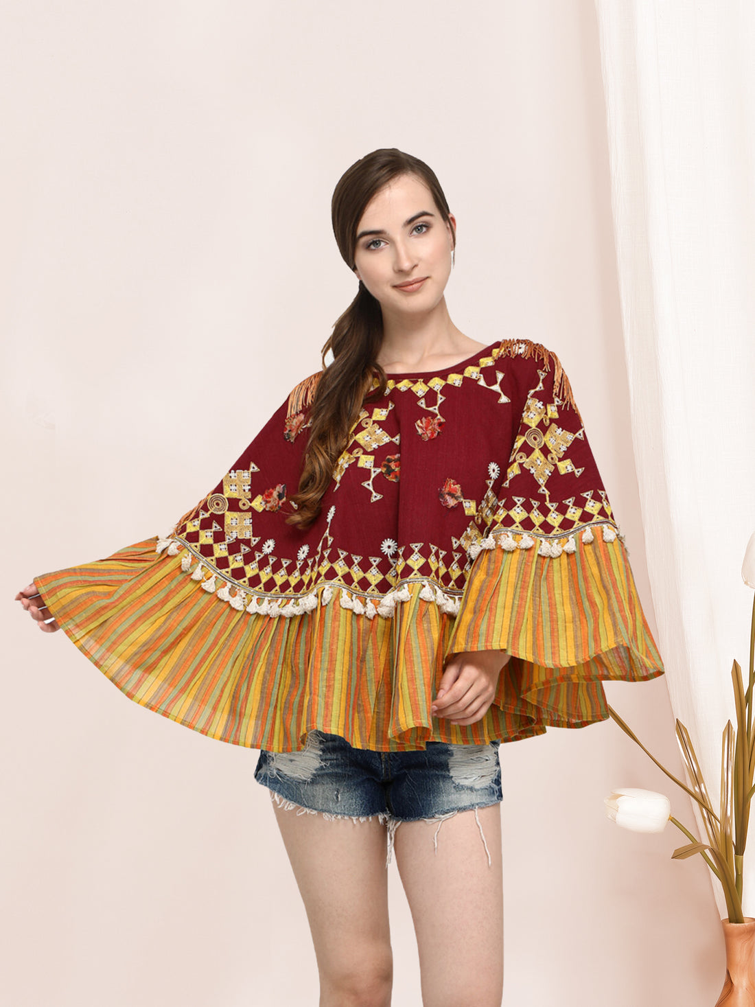 Snowflake Stripe Frilled Poncho