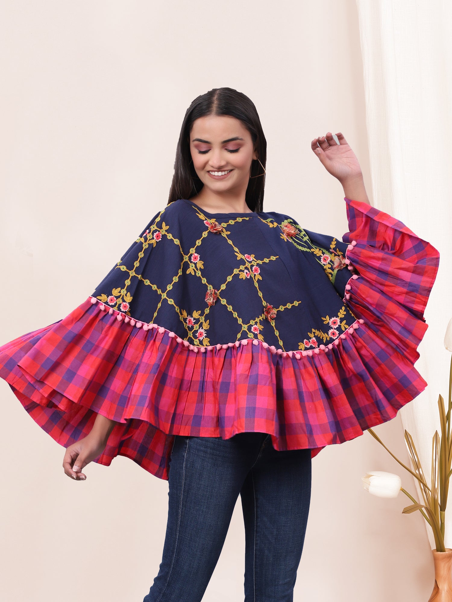 Blue Bird Cage Embroidered Circular Poncho