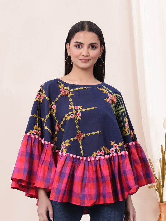 Blue Bird Cage Embroidered Circular Poncho