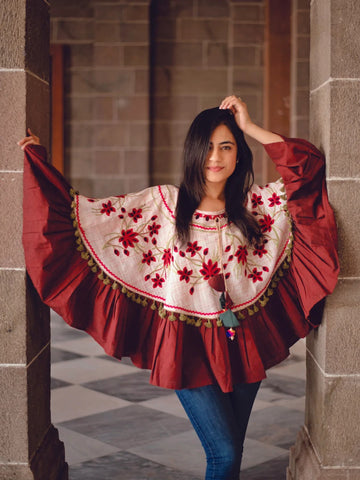 Baby Pink Floral Embroidered Circular Winter Poncho