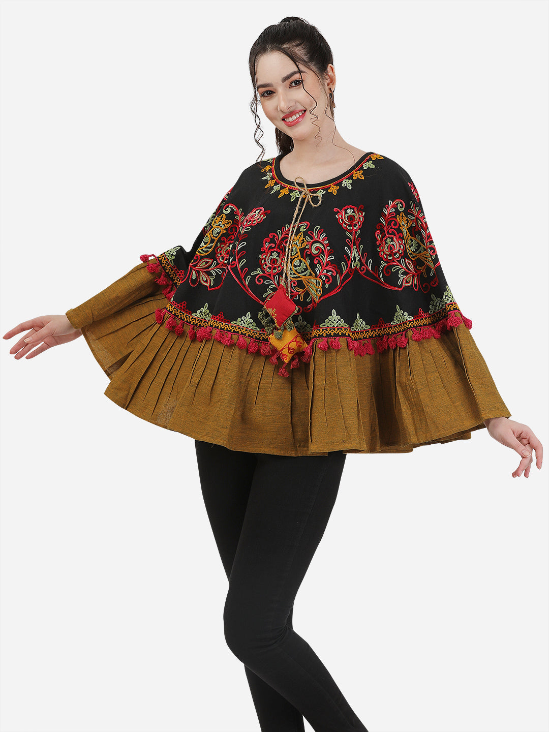 Black Sparrow Motif Embroidered Winter Circular Poncho