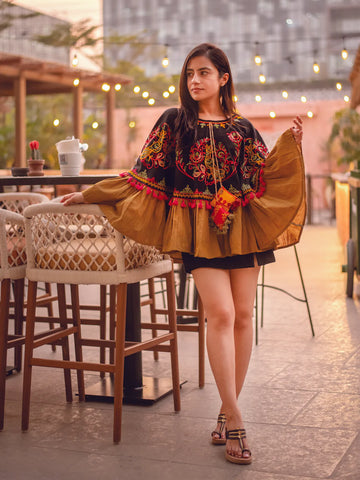 Black Sparrow Motif Embroidered Winter Circular Poncho