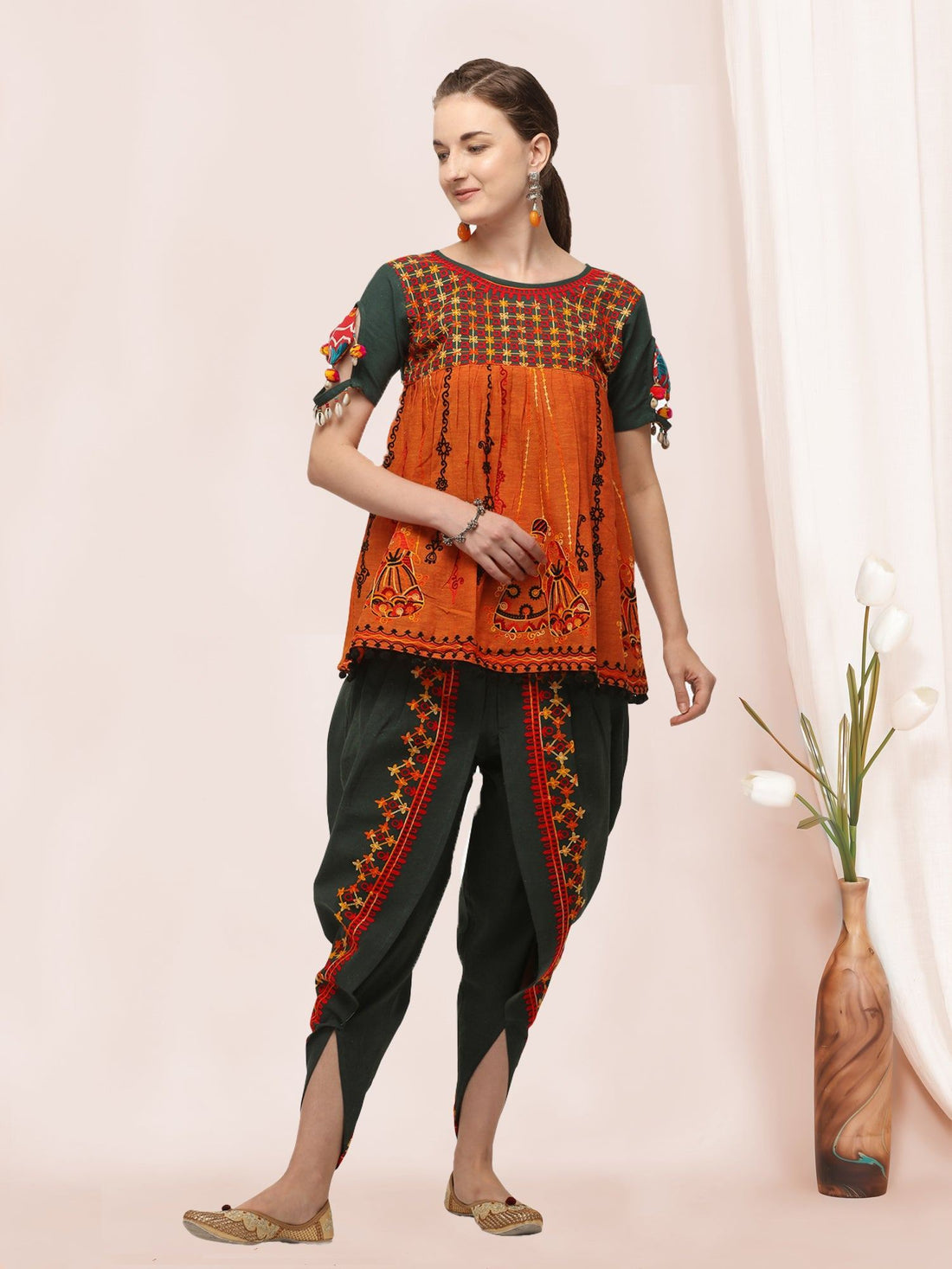 Deep green and orange rajathani dhingli couple embroidered kedia and tulip pants set