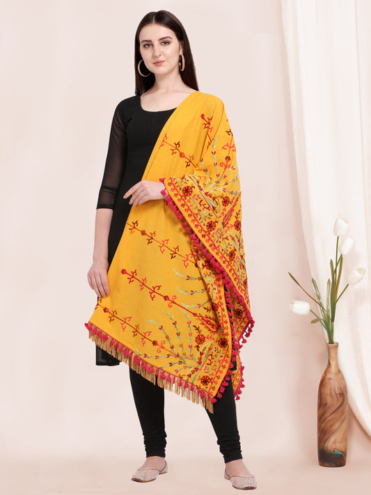 Mustard Floral Aari Embroidered Khadi Shawl/Dupatta With Wine Cotton Tassel Lace