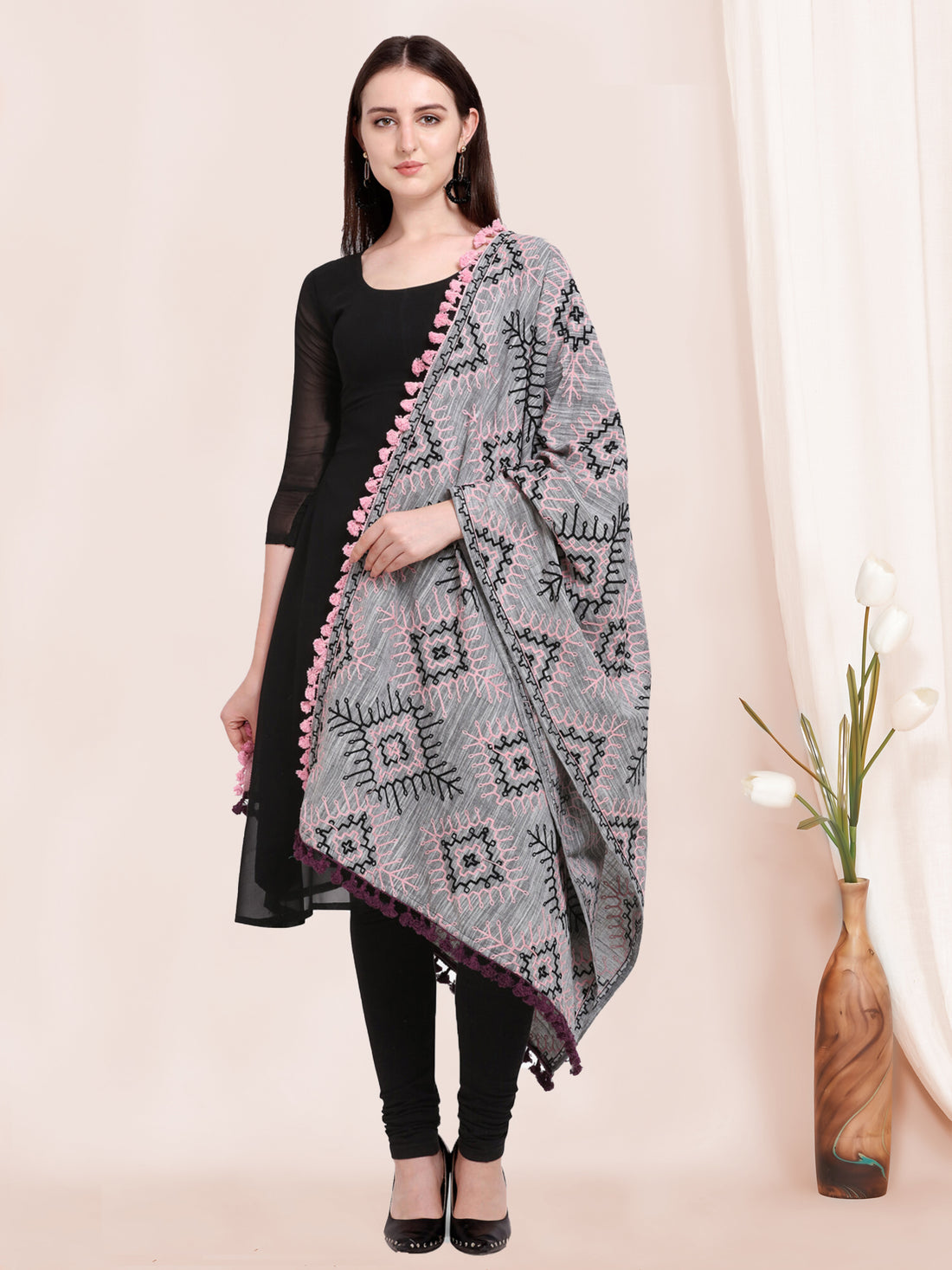 Grey Tribal Aari Embrodiered Slub Khadi Shawl/Dupatta With Baby Pink Cotton Lace