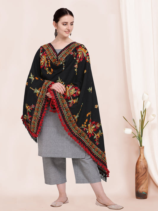 Black Kashmiri Motif Aari Embroidered Khadi Shawl/Dupatta With  Crimson Red Cotton Tassel