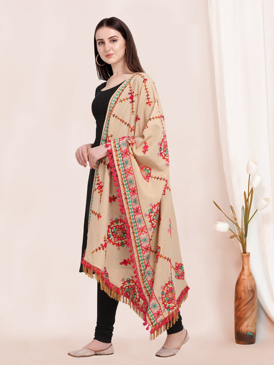 Beige Floral Motifs Aari Heavily Embroidered Khadi Shawl/Dupatta With  Rani Tassel Lace