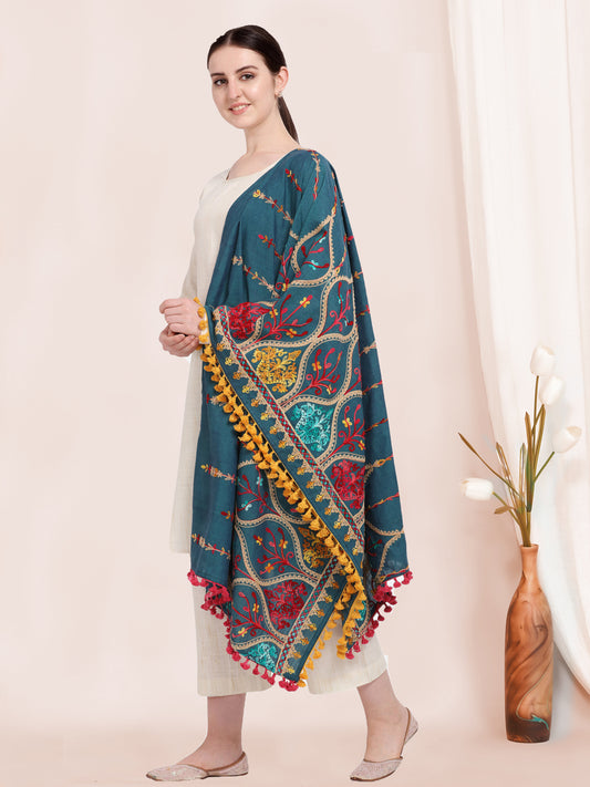 Turqoise Blue Multi colour Asri heavily Embroidered Khadi Shawl/Dupatta With  Yellow Tassel Lace