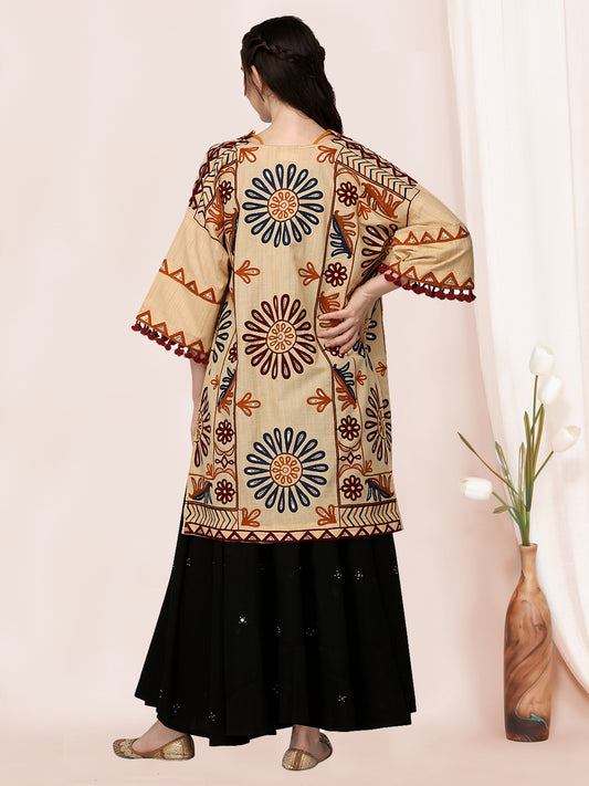Beige organic cotton long fancy embroidered ethnic jacket.