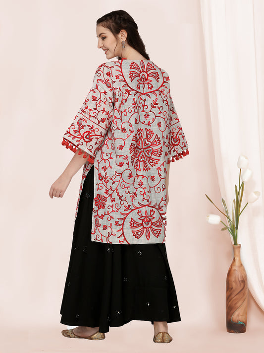 White and sea green organic cotton long fancy embroidered ethnic jacket.