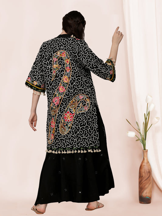 Black 100% organic cotton long fancy embroidered ethnic jacket.