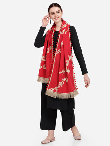 Pure Khadi Blood Red Embroidered stole or Dupatta