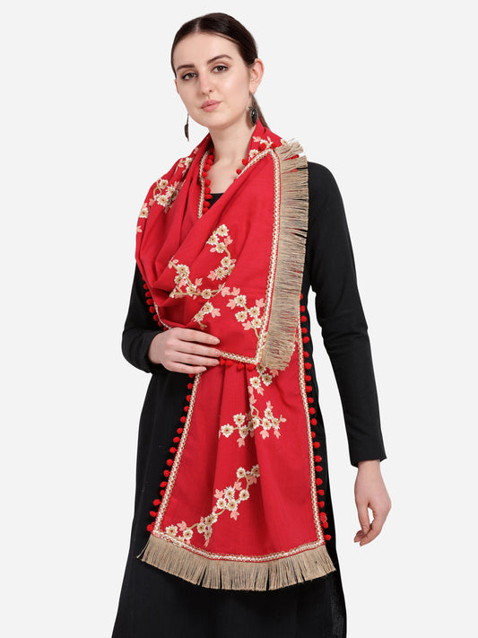 Pure Khadi Blood Red Embroidered stole or Dupatta