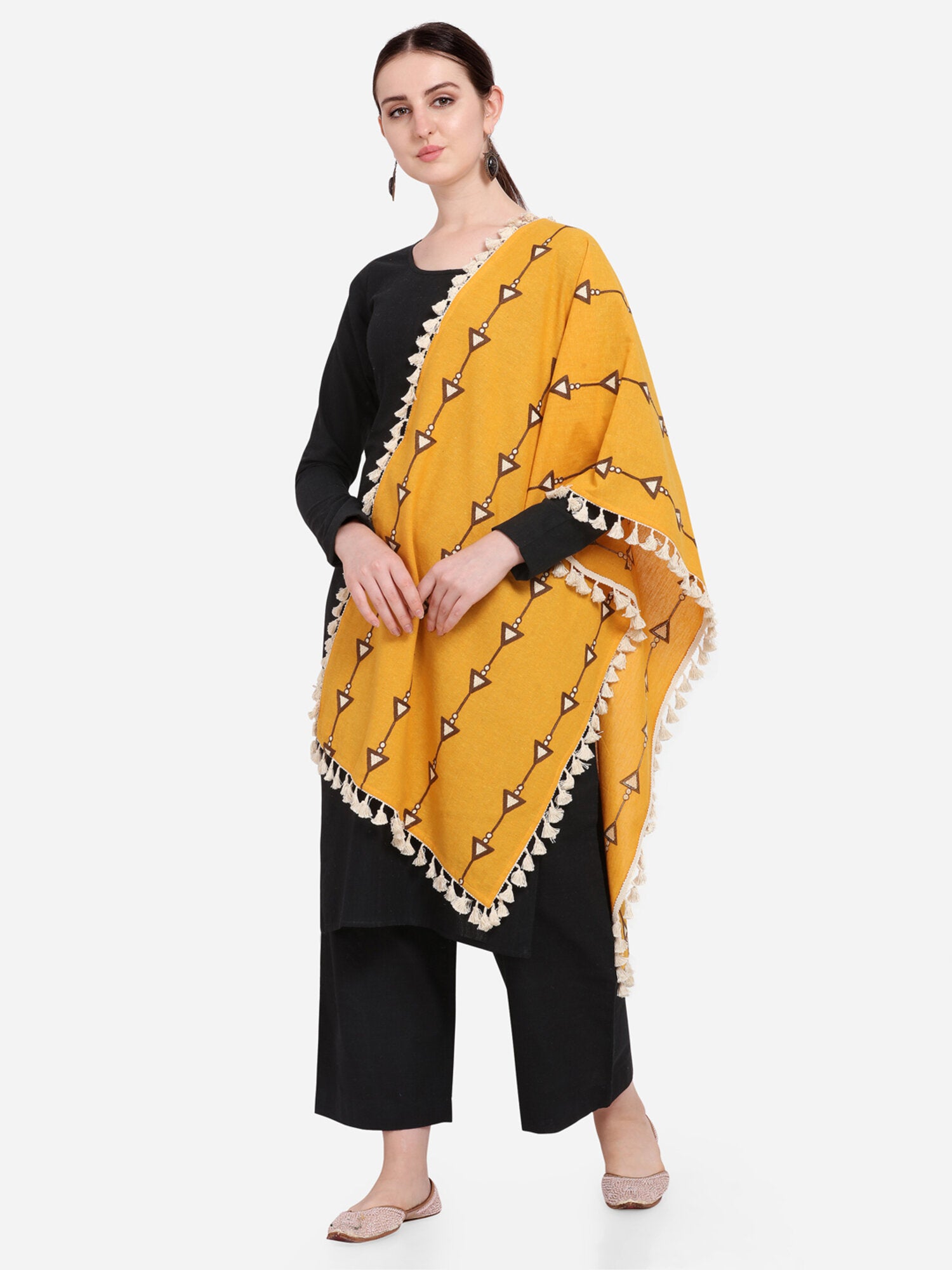 Pure Khadi Mustured stole or Dupatta with Off White Tassel Lace