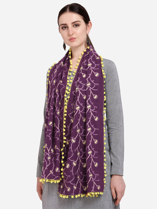 Purple Khadi Dupatta or stole With Yellow Pompom