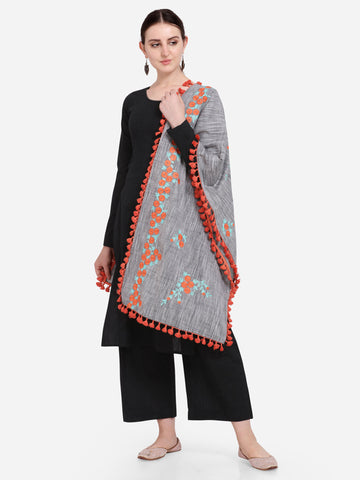 Pure Khadi Gray Color Floral Embroidered Dupatta or stole With Teassel Lace