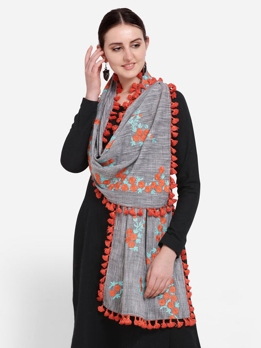 Pure Khadi Gray Color Floral Embroidered Dupatta or stole With Teassel Lace