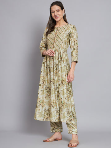 Womens printed front pleated kurta with trouser